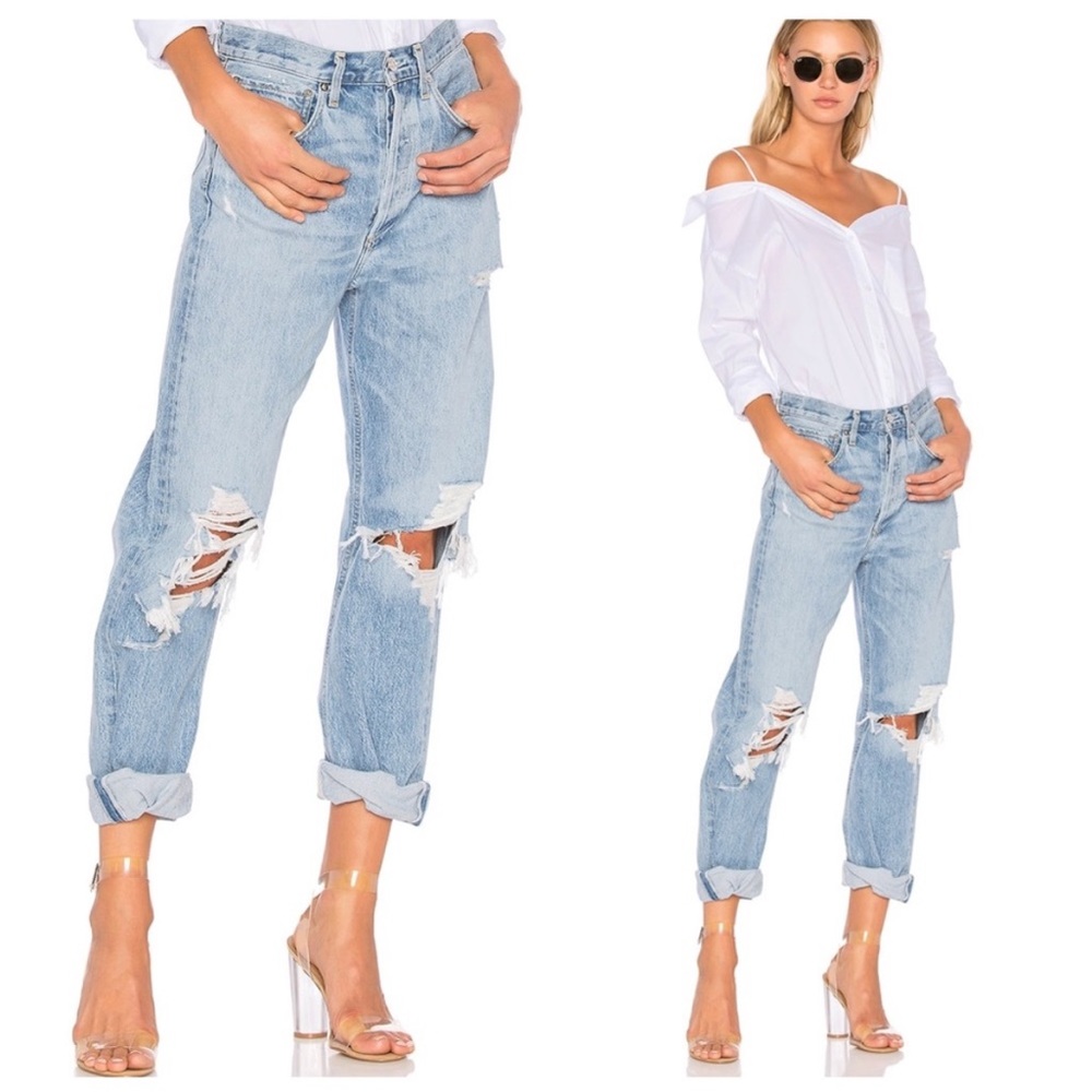 AGOLDE Mid Rise Distressed Straight Leg Jeans | Size 25 | Light Wash